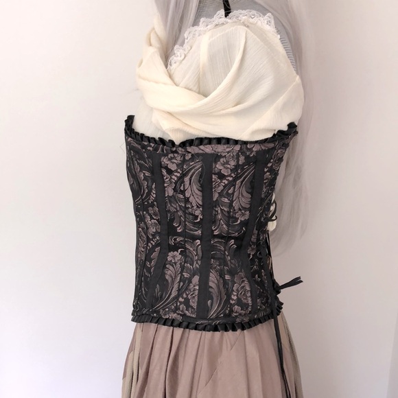 25” Overbust Corset Ruffle Black Pink Lilac Pattern Damask Jacquard Witchy Fairy - Picture 3 of 12